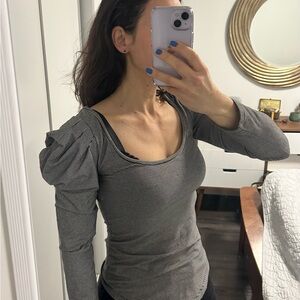 Free People fine striped cotton scoop neck shirt with puffed shoulders